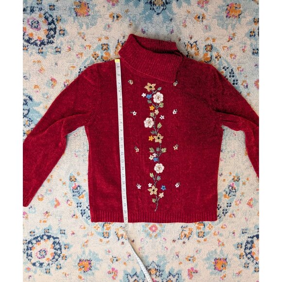 Alfred Dunner Petite Red Chenille Floral Embroidered Split‎ Turtleneck Sweater - - Picture 7 of 9